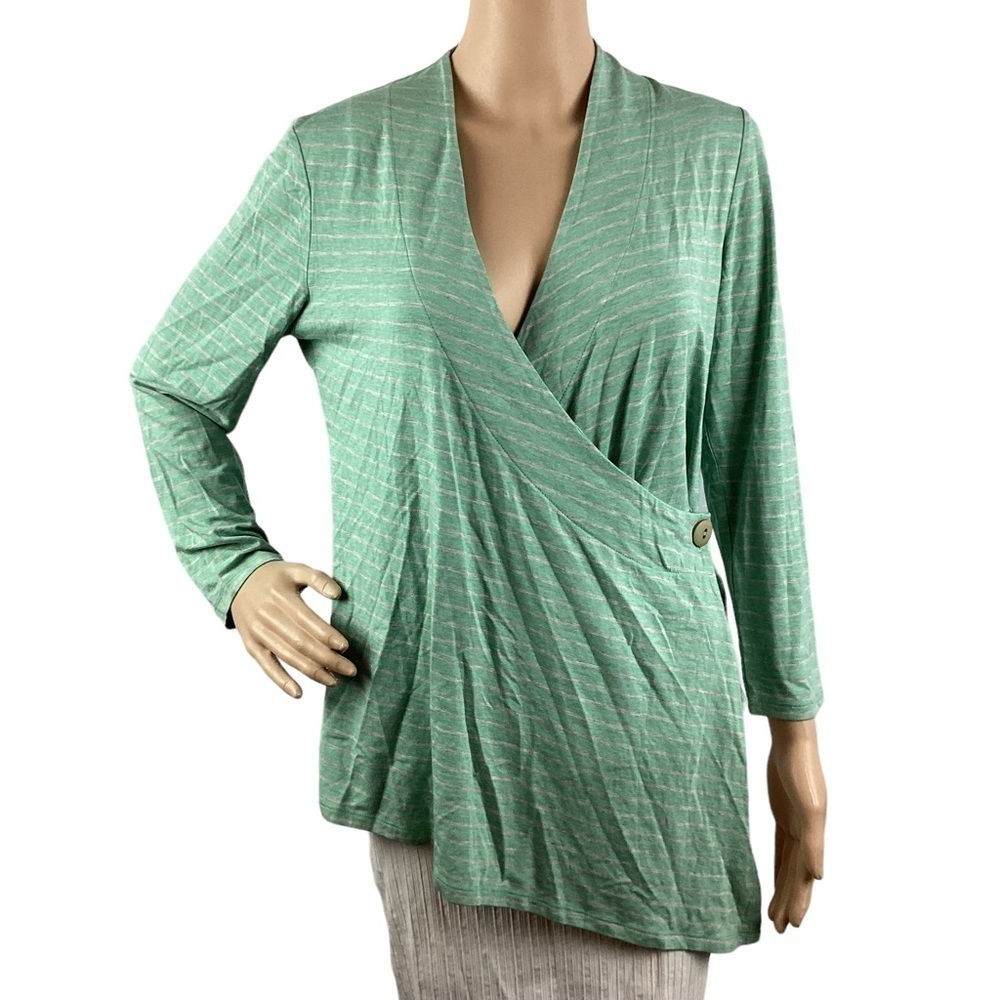 Soft Surroundings Wrap Top Size PM Green Stripe Long Sleeve